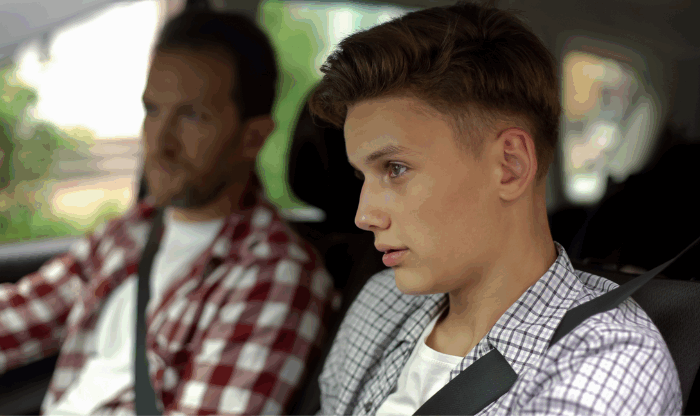 Parent and teen in the car—a calm, low-pressure moment to talk about mental health.